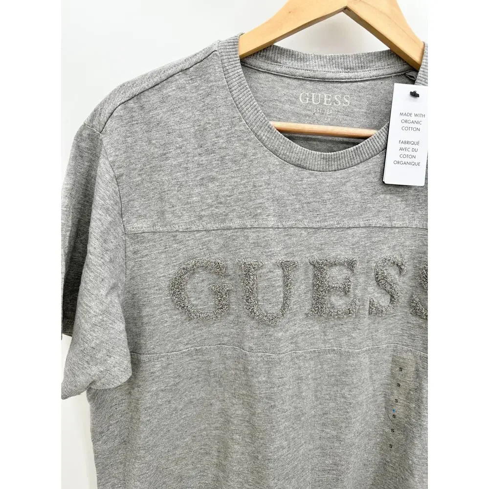 Guess Chenille Script Marble Heather Grey Short Sleeve Shirt Men's Size Small S - Picture 3 of 7